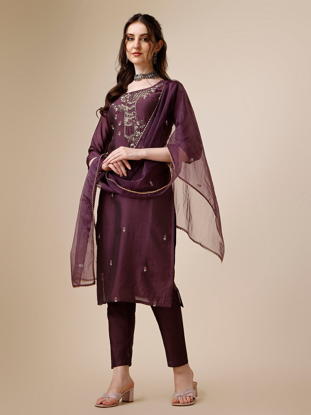 Embroidered Kurta With Pant And Dupatta Set, Multicolor - Hiral Fashion - Distacart