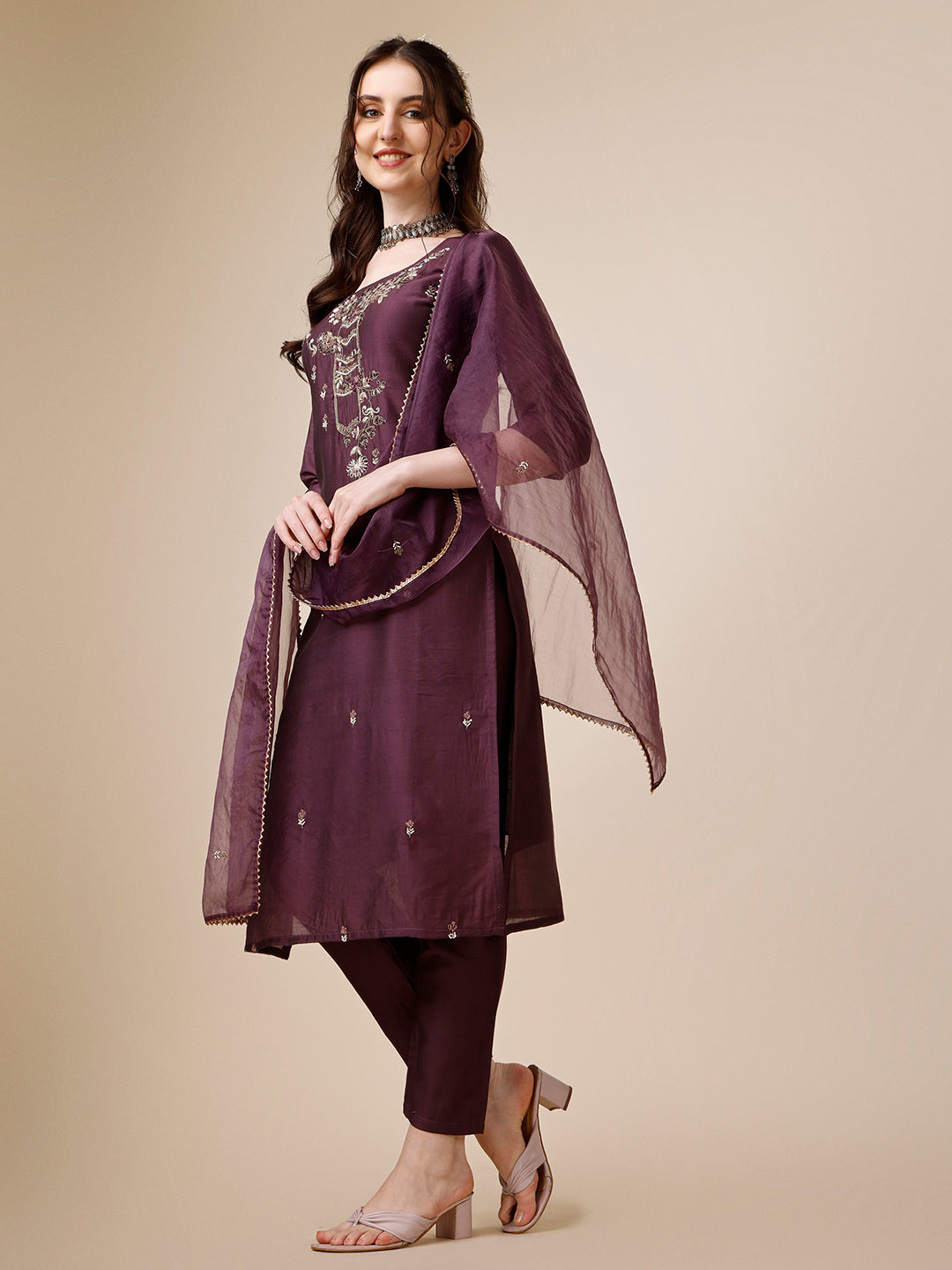 Embroidered Kurta With Pant And Dupatta Set, Multicolor - Hiral Fashion - Distacart