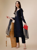 Embroidered Kurta With Pant And Dupatta Set, Multicolor - Hiral Fashion - Distacart