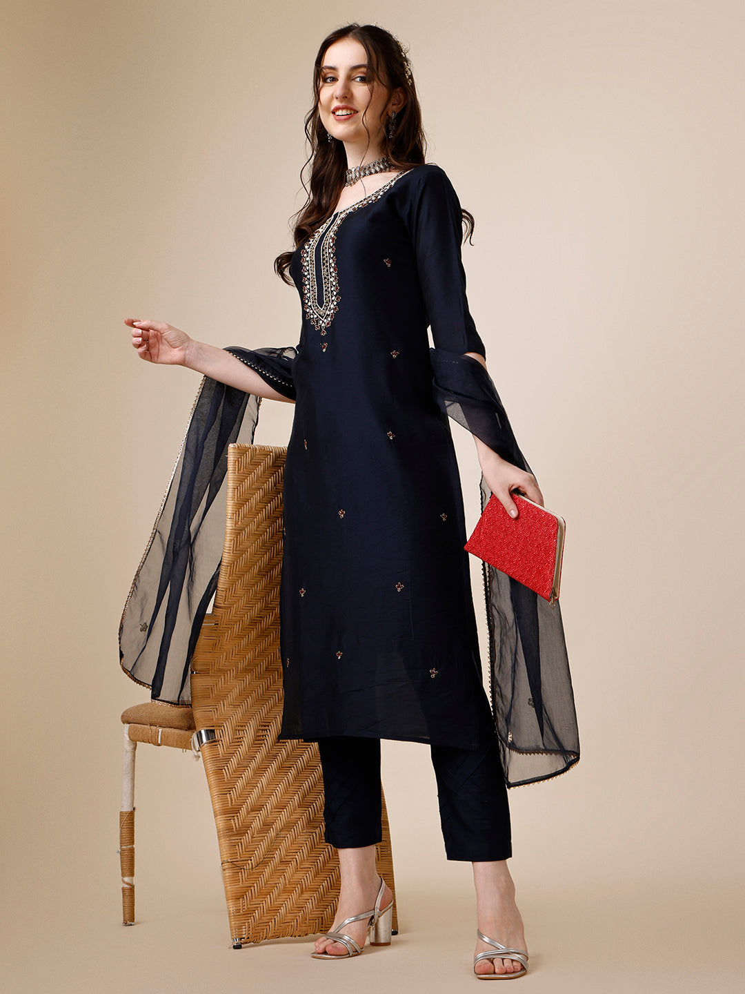 Embroidered Kurta With Pant And Dupatta Set, Multicolor - Hiral Fashion - Distacart