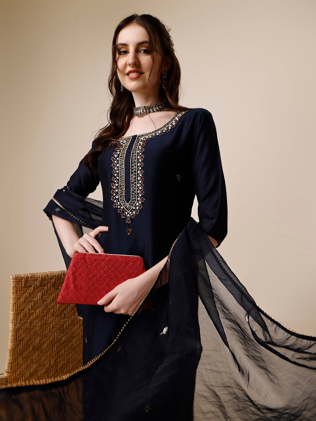 Embroidered Kurta With Pant And Dupatta Set, Multicolor - Hiral Fashion - Distacart