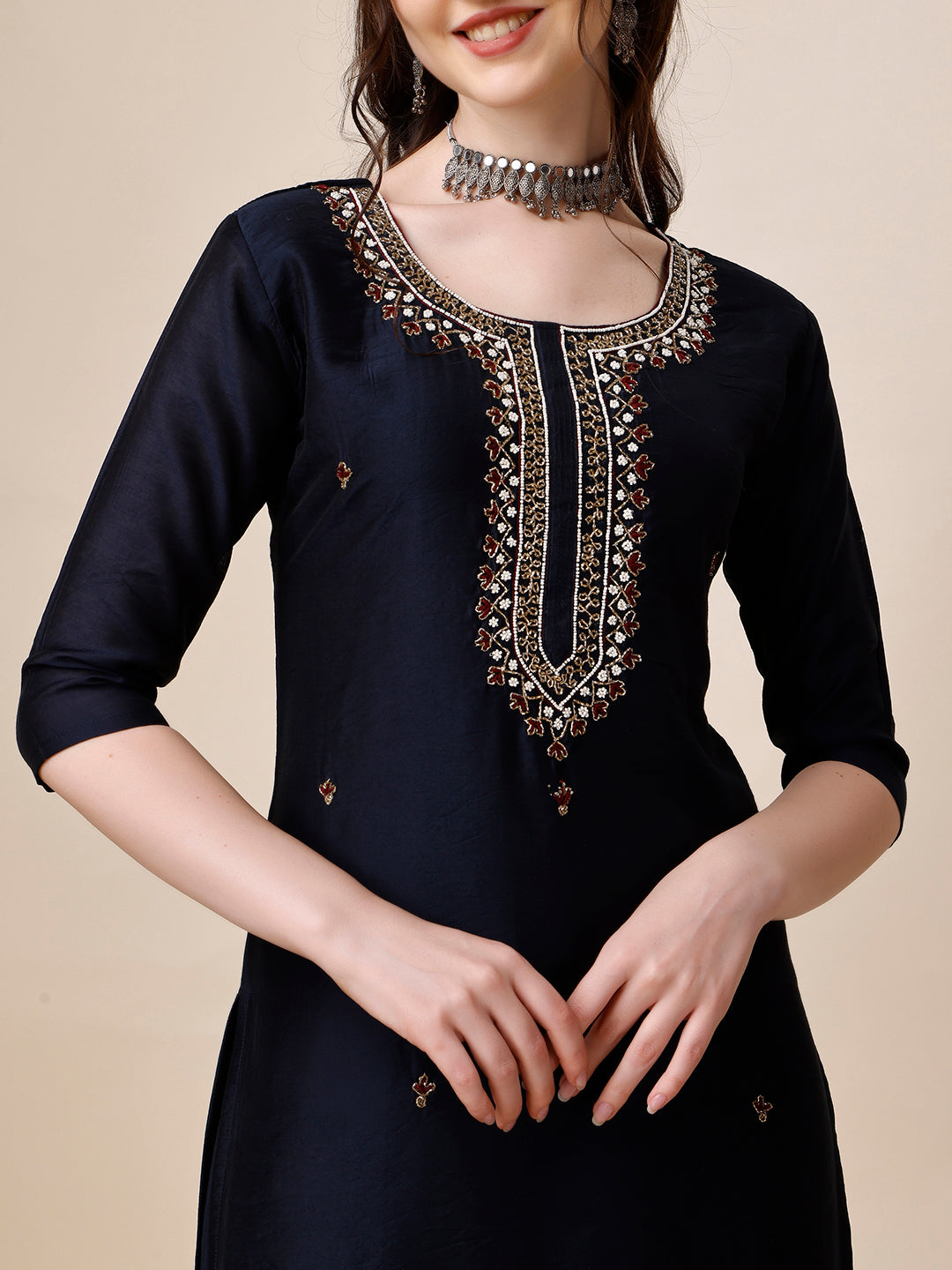 Embroidered Kurta With Pant And Dupatta Set, Multicolor - Hiral Fashion - Distacart