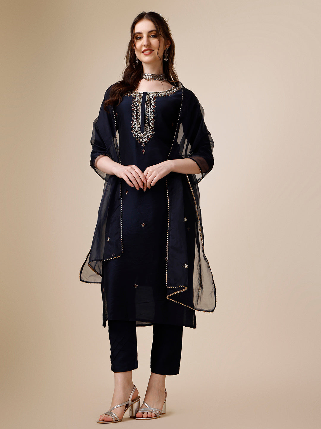 Embroidered Kurta With Pant And Dupatta Set, Multicolor - Hiral Fashion - Distacart