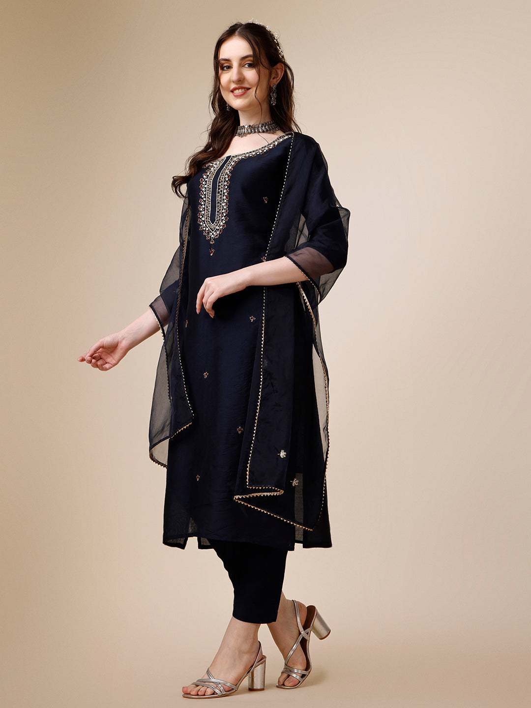 Embroidered Kurta With Pant And Dupatta Set, Multicolor - Hiral Fashion - Distacart