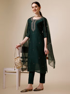 Embroidered Kurta With Pant And Dupatta Set, Multicolor - Hiral Fashion - Distacart