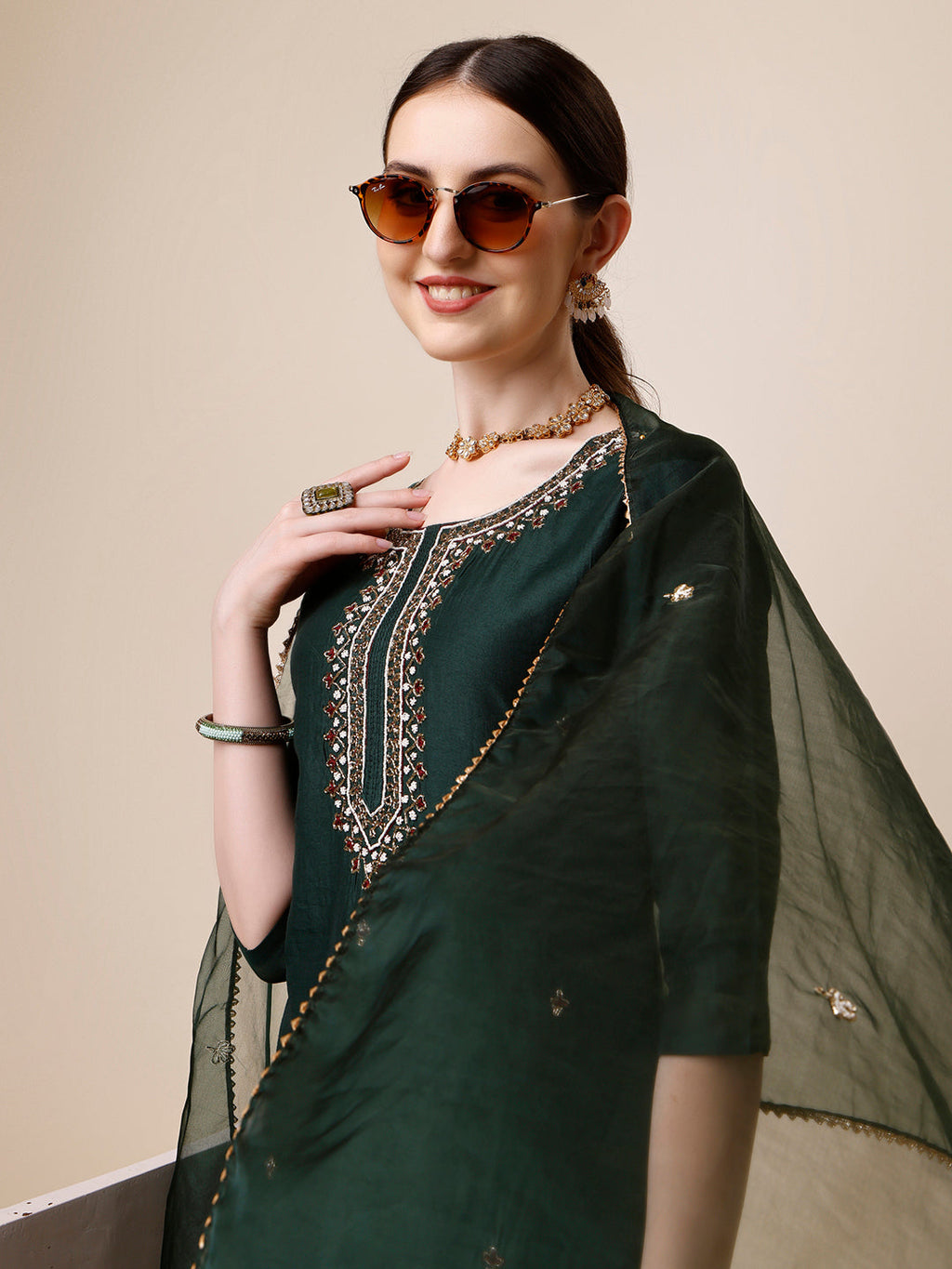 Embroidered Kurta With Pant And Dupatta Set, Multicolor - Hiral Fashion - Distacart