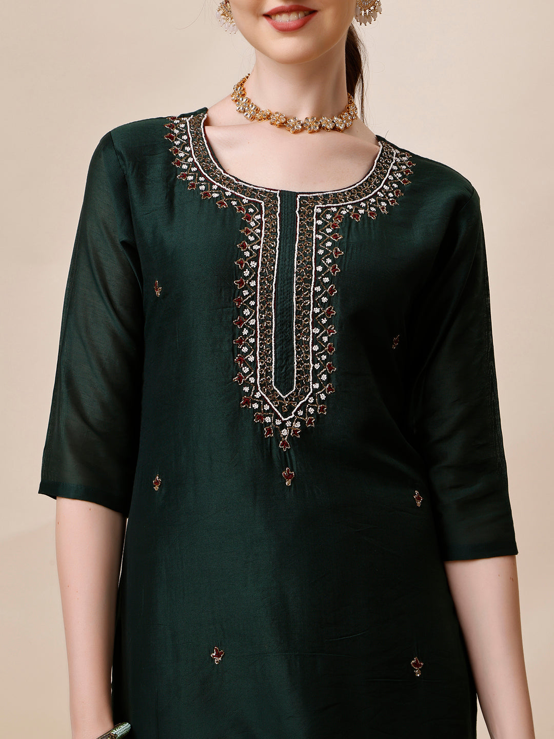Embroidered Kurta With Pant And Dupatta Set, Multicolor - Hiral Fashion - Distacart