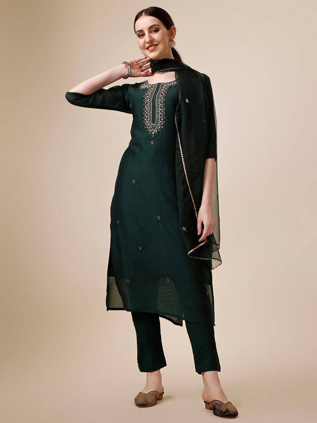 Embroidered Kurta With Pant And Dupatta Set, Multicolor - Hiral Fashion - Distacart