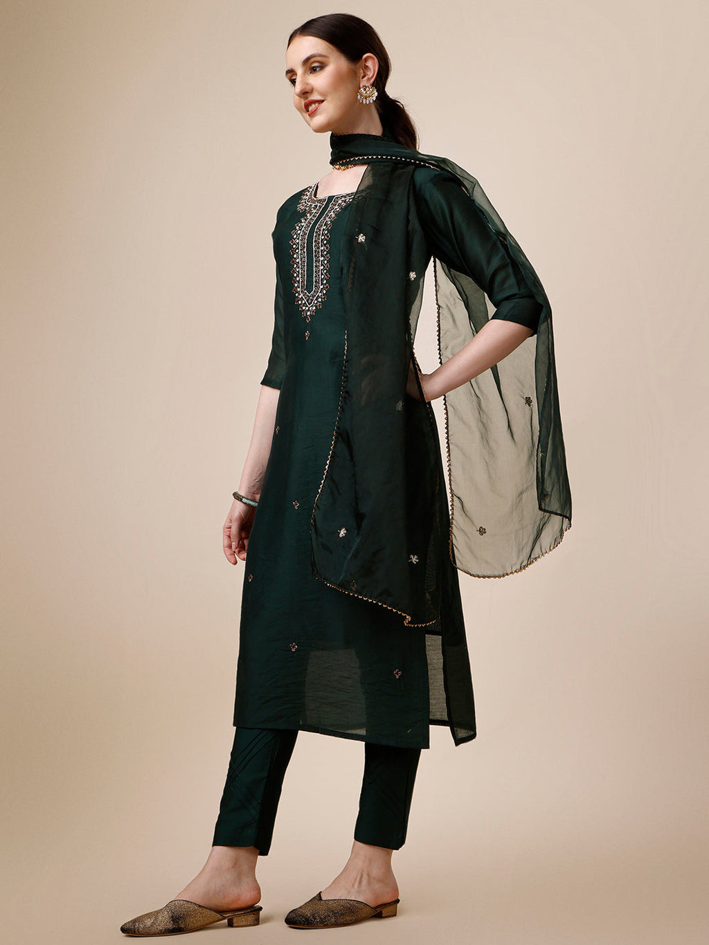 Embroidered Kurta With Pant And Dupatta Set, Multicolor - Hiral Fashion - Distacart