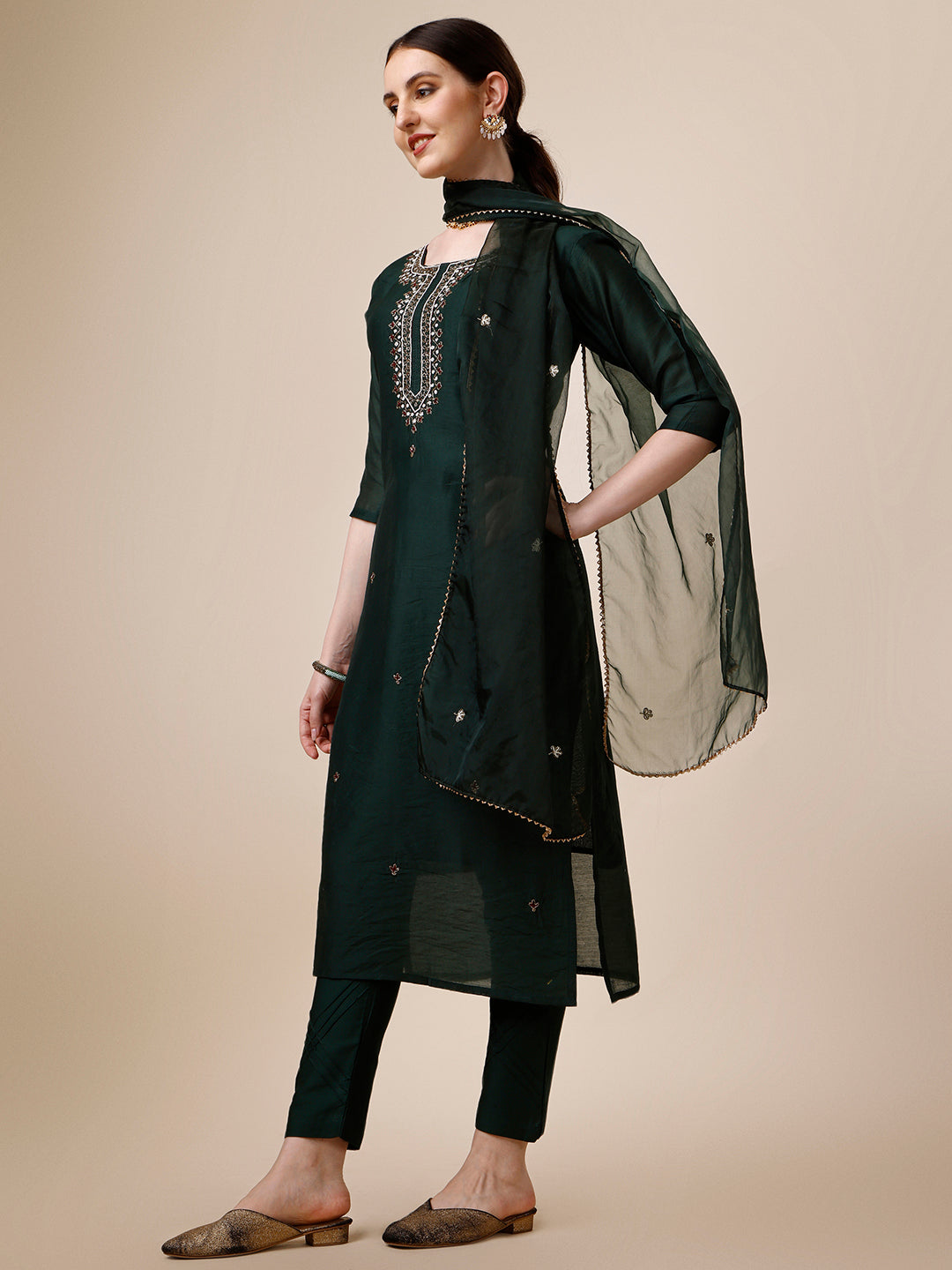 Embroidered Kurta With Pant And Dupatta Set, Multicolor - Hiral Fashion - Distacart