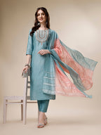 Embroidered Kurta With Pant And Dupatta Set, Multicolor - Hiral Fashion - Distacart