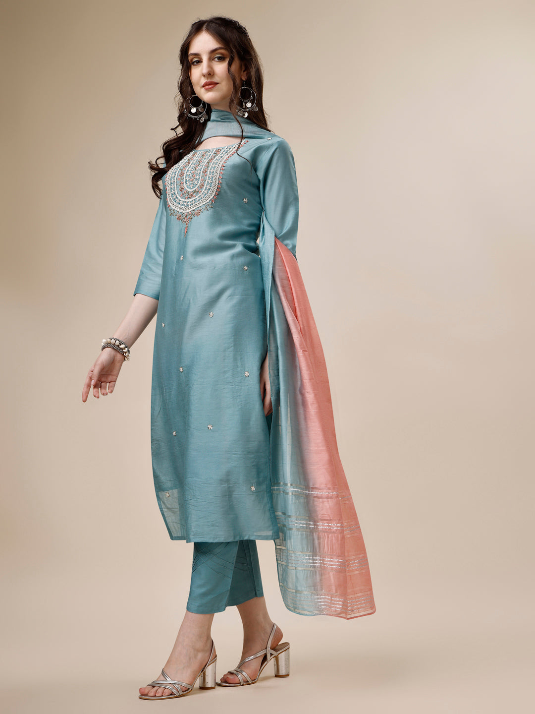 Embroidered Kurta With Pant And Dupatta Set, Multicolor - Hiral Fashion - Distacart