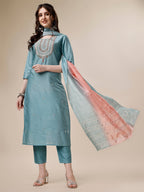 Embroidered Kurta With Pant And Dupatta Set, Multicolor - Hiral Fashion - Distacart
