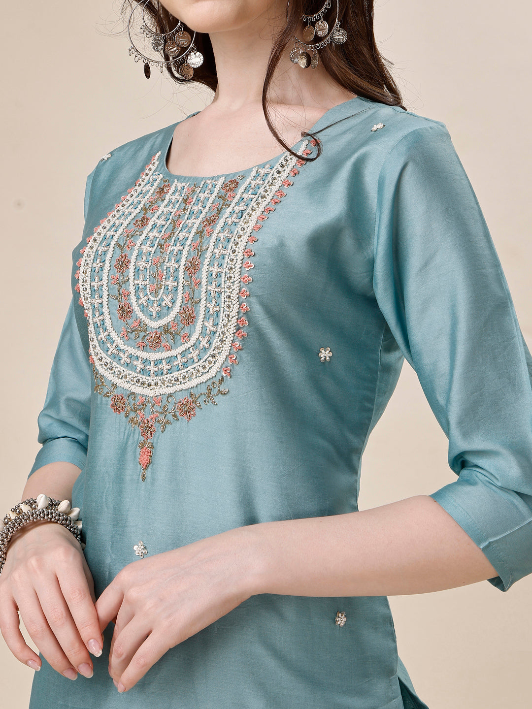 Embroidered Kurta With Pant And Dupatta Set, Multicolor - Hiral Fashion - Distacart
