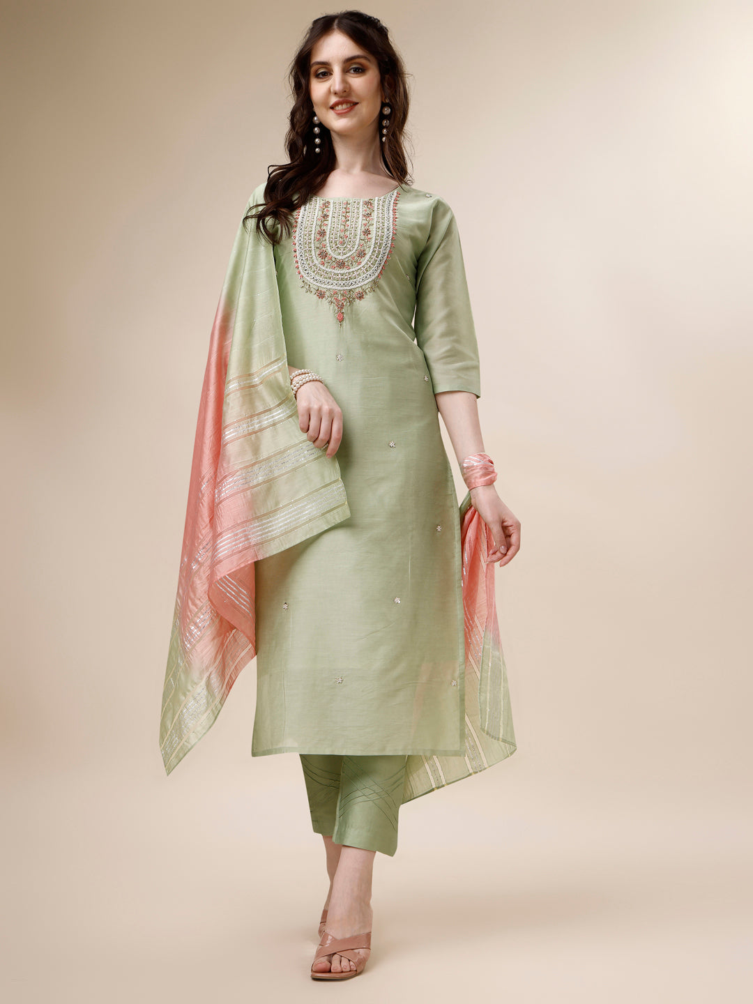 Embroidered Kurta With Pant And Dupatta Set, Multicolor - Hiral Fashion - Distacart