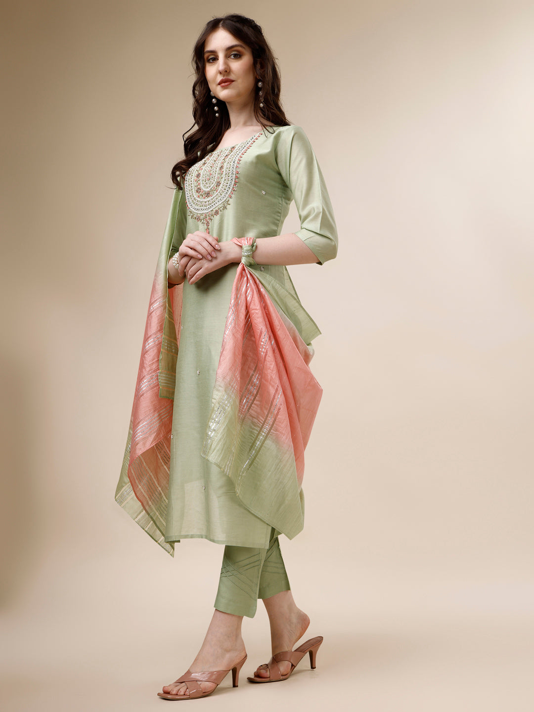 Embroidered Kurta With Pant And Dupatta Set, Multicolor - Hiral Fashion - Distacart