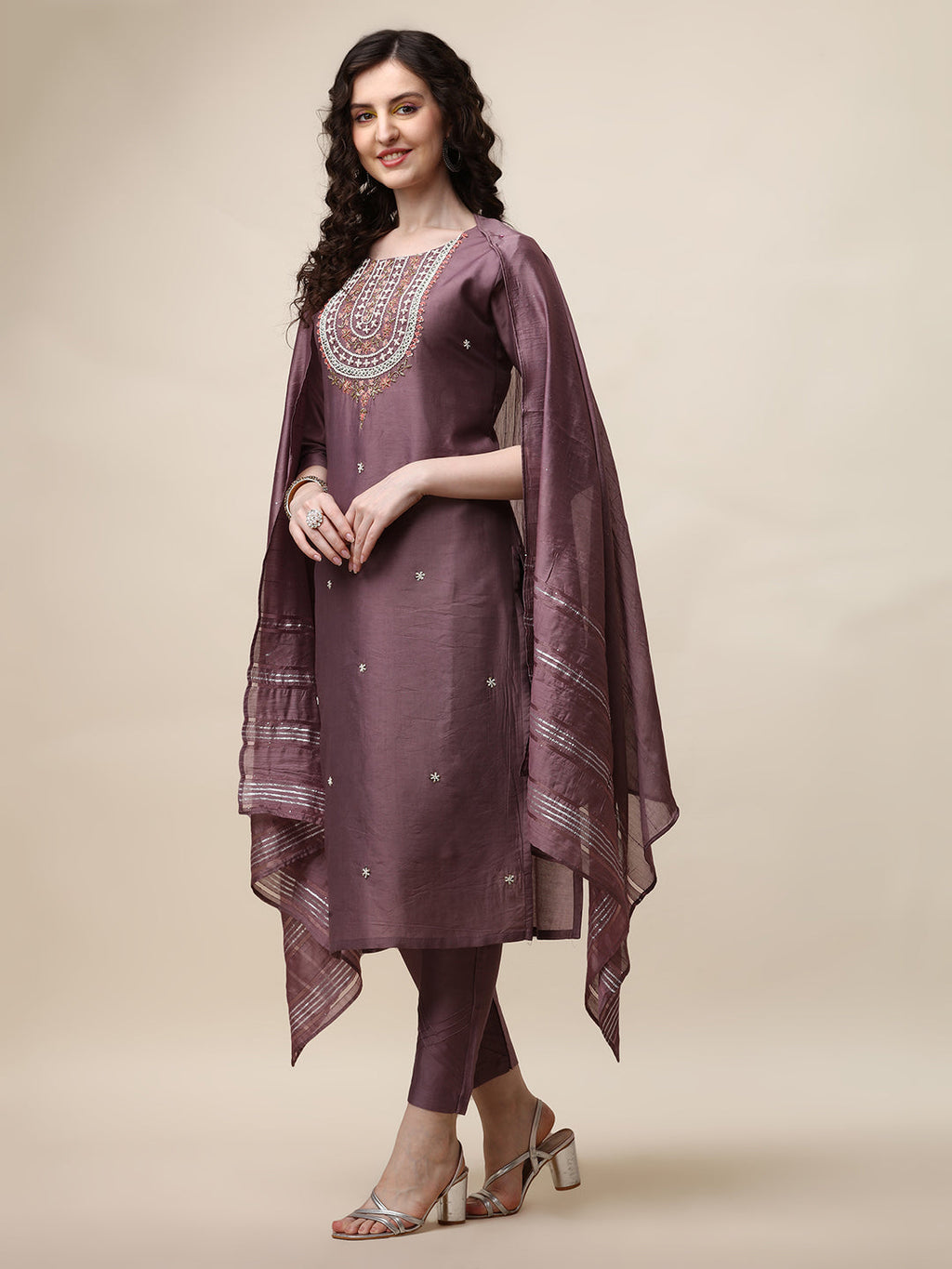 Embroidered Lavender Kurta With Pant And Dupatta Set, Multicolor - Hiral Fashion - Distacart