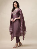 Embroidered Lavender Kurta With Pant And Dupatta Set, Multicolor - Hiral Fashion - Distacart