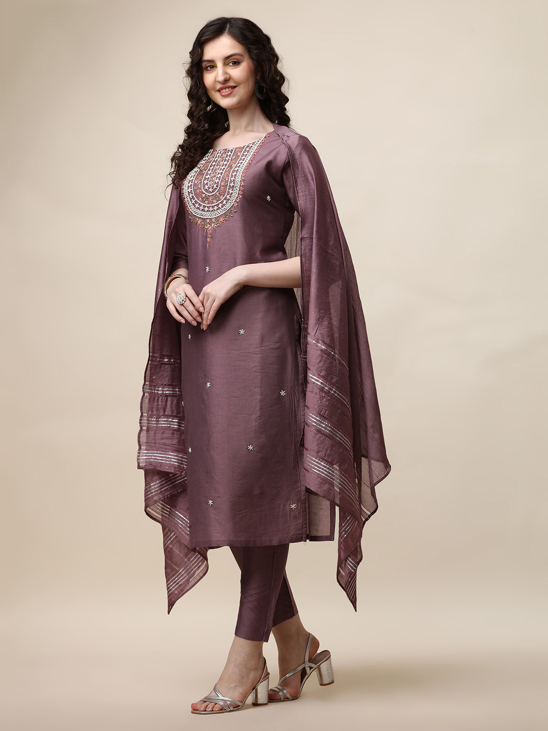 Embroidered Lavender Kurta With Pant And Dupatta Set, Multicolor - Hiral Fashion - Distacart