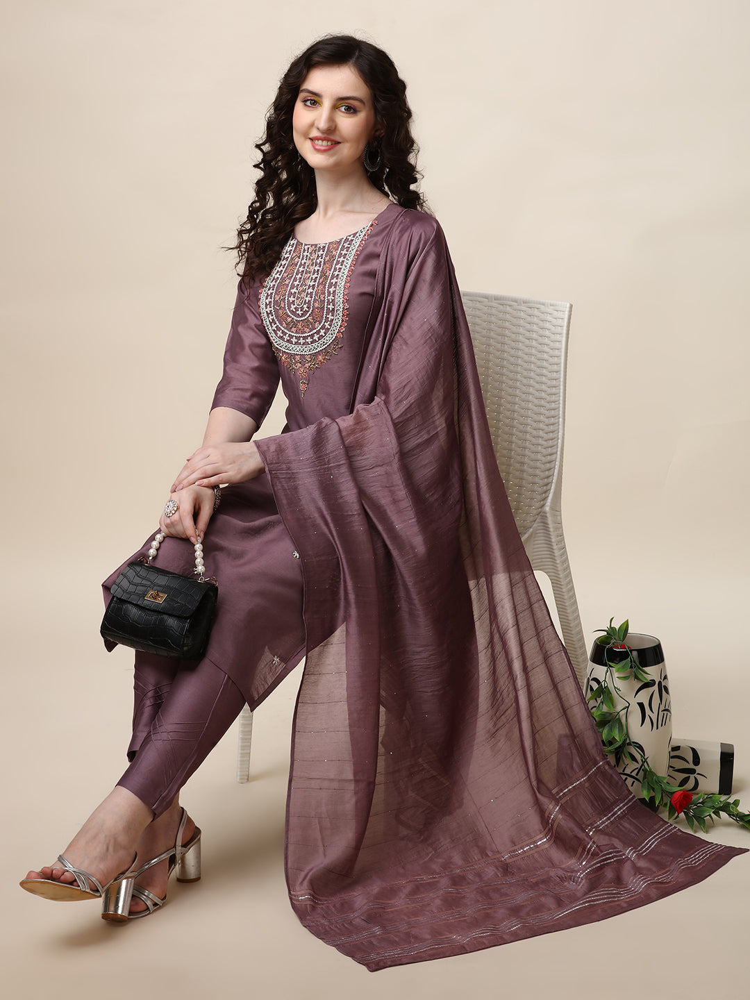 Embroidered Lavender Kurta With Pant And Dupatta Set, Multicolor - Hiral Fashion - Distacart