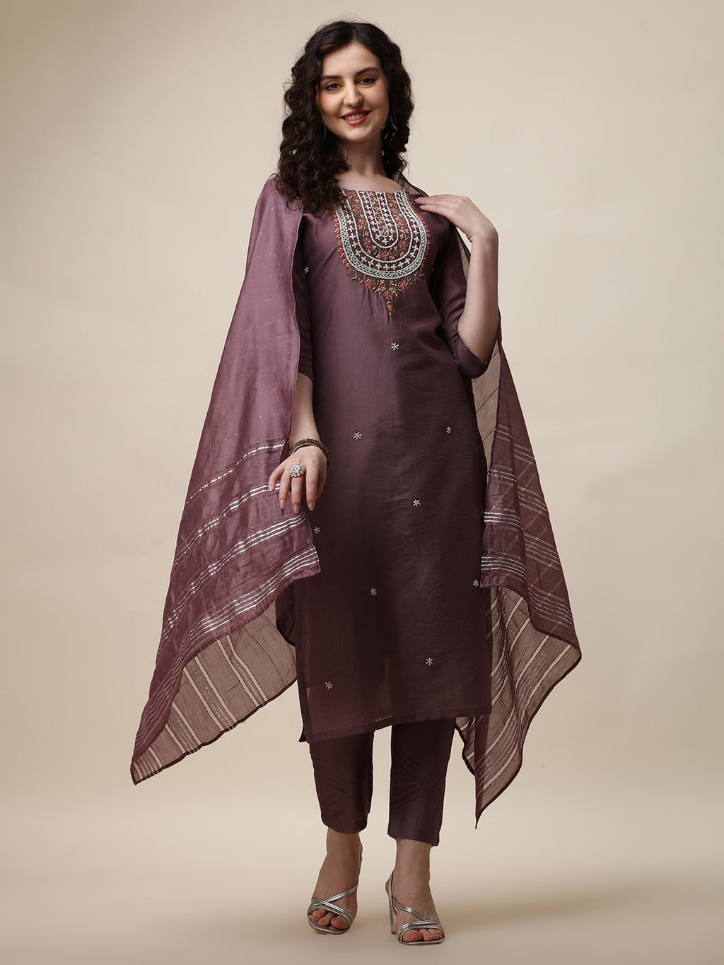 Embroidered Lavender Kurta With Pant And Dupatta Set, Multicolor - Hiral Fashion - Distacart