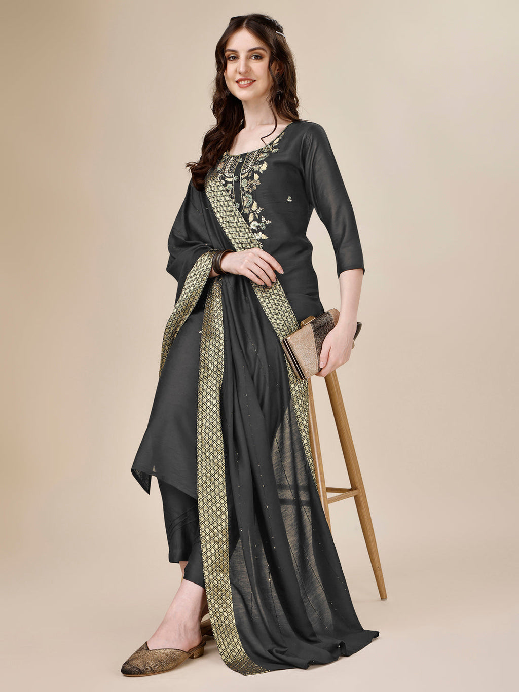 Embroidered Kurta With Pant And Dupatta Set, Multicolor - Hiral Fashion - Distacart