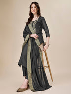 Embroidered Kurta With Pant And Dupatta Set, Multicolor - Hiral Fashion - Distacart