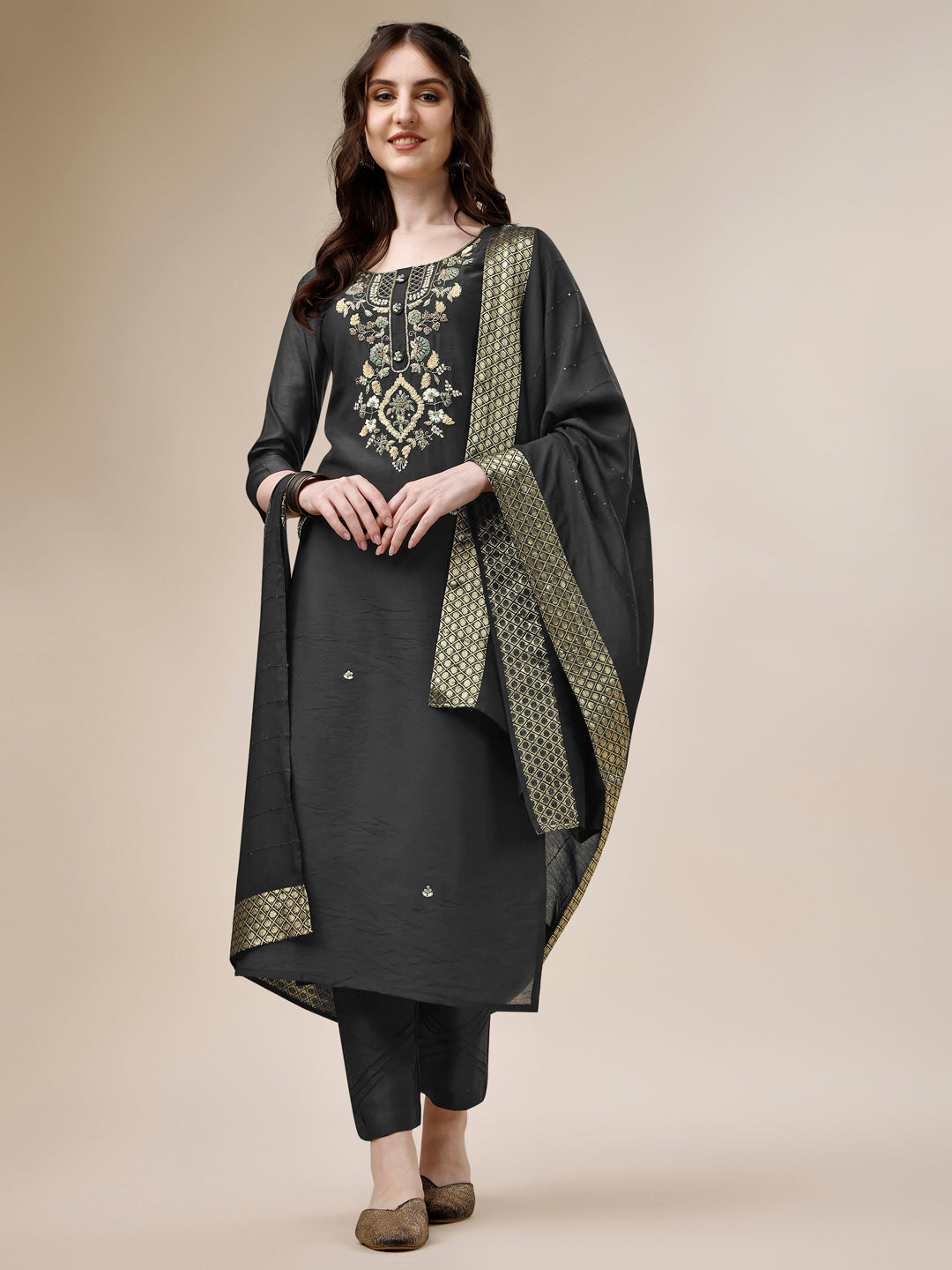 Embroidered Kurta With Pant And Dupatta Set, Multicolor - Hiral Fashion - Distacart