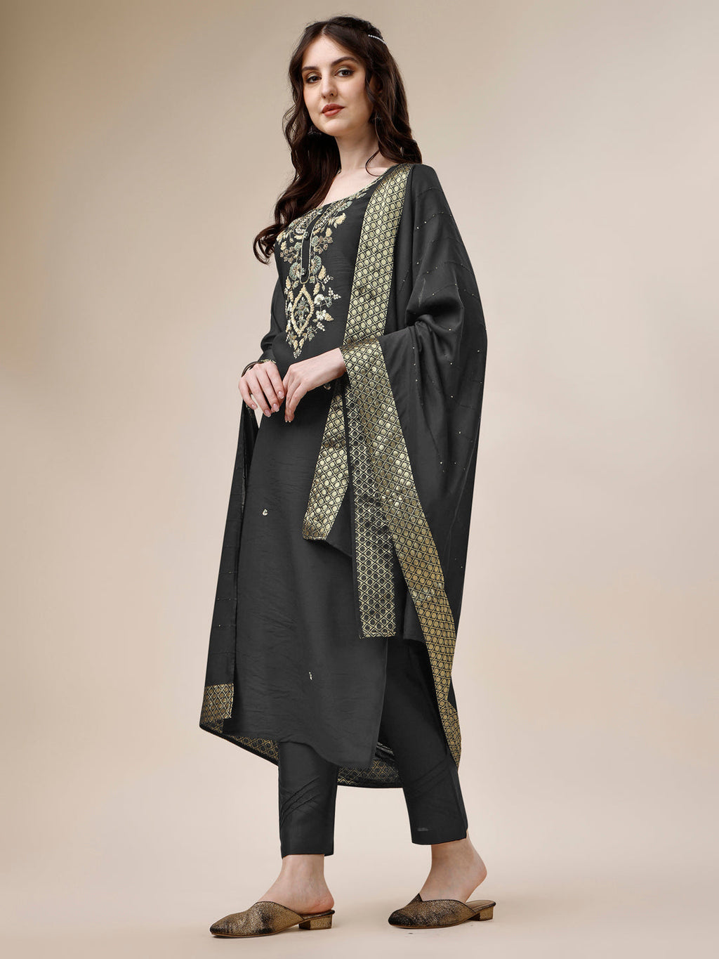 Embroidered Kurta With Pant And Dupatta Set, Multicolor - Hiral Fashion - Distacart