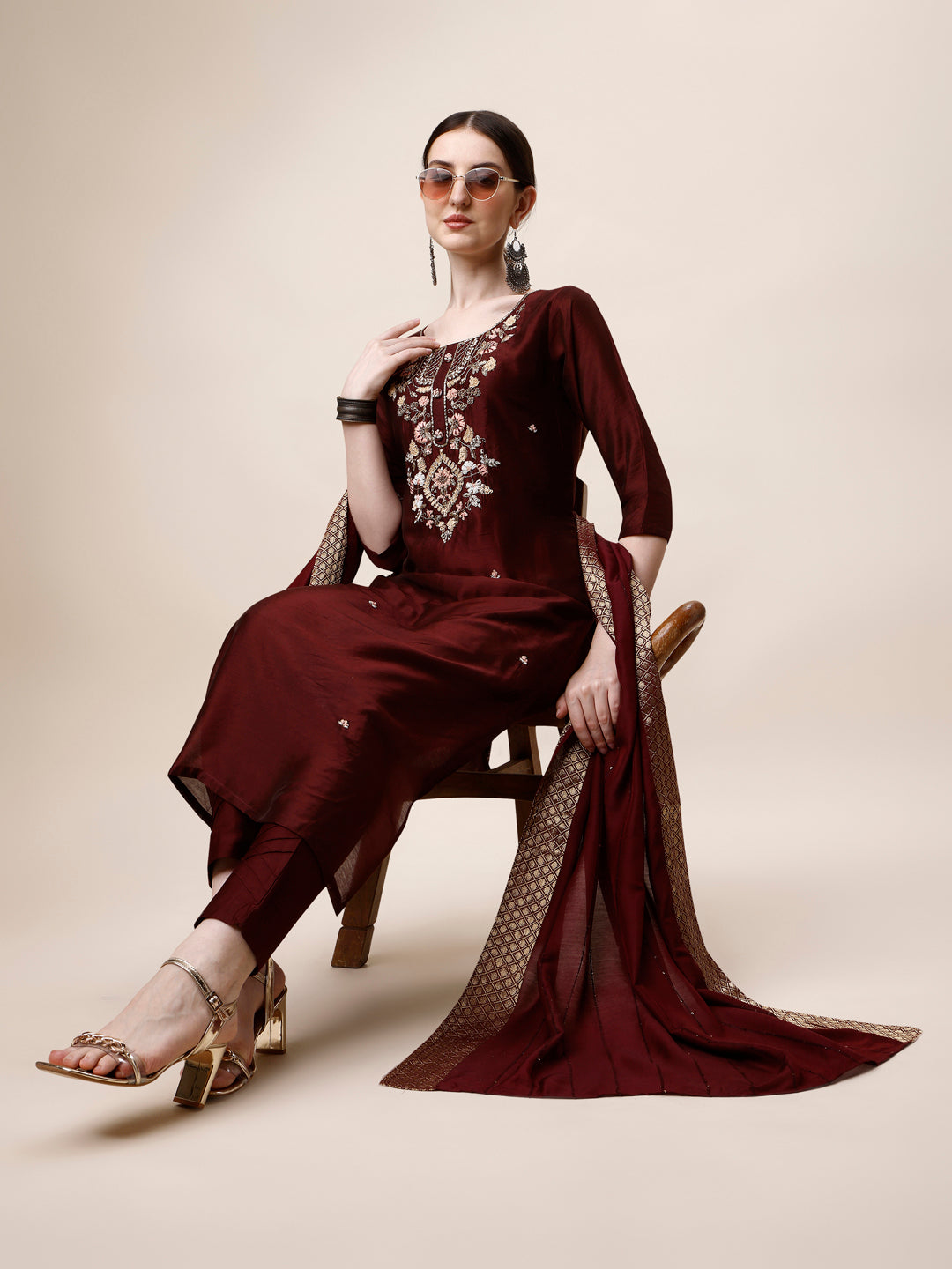 Embroidered Kurta With Pant And Dupatta Set, Multicolor - Hiral Fashion - Distacart