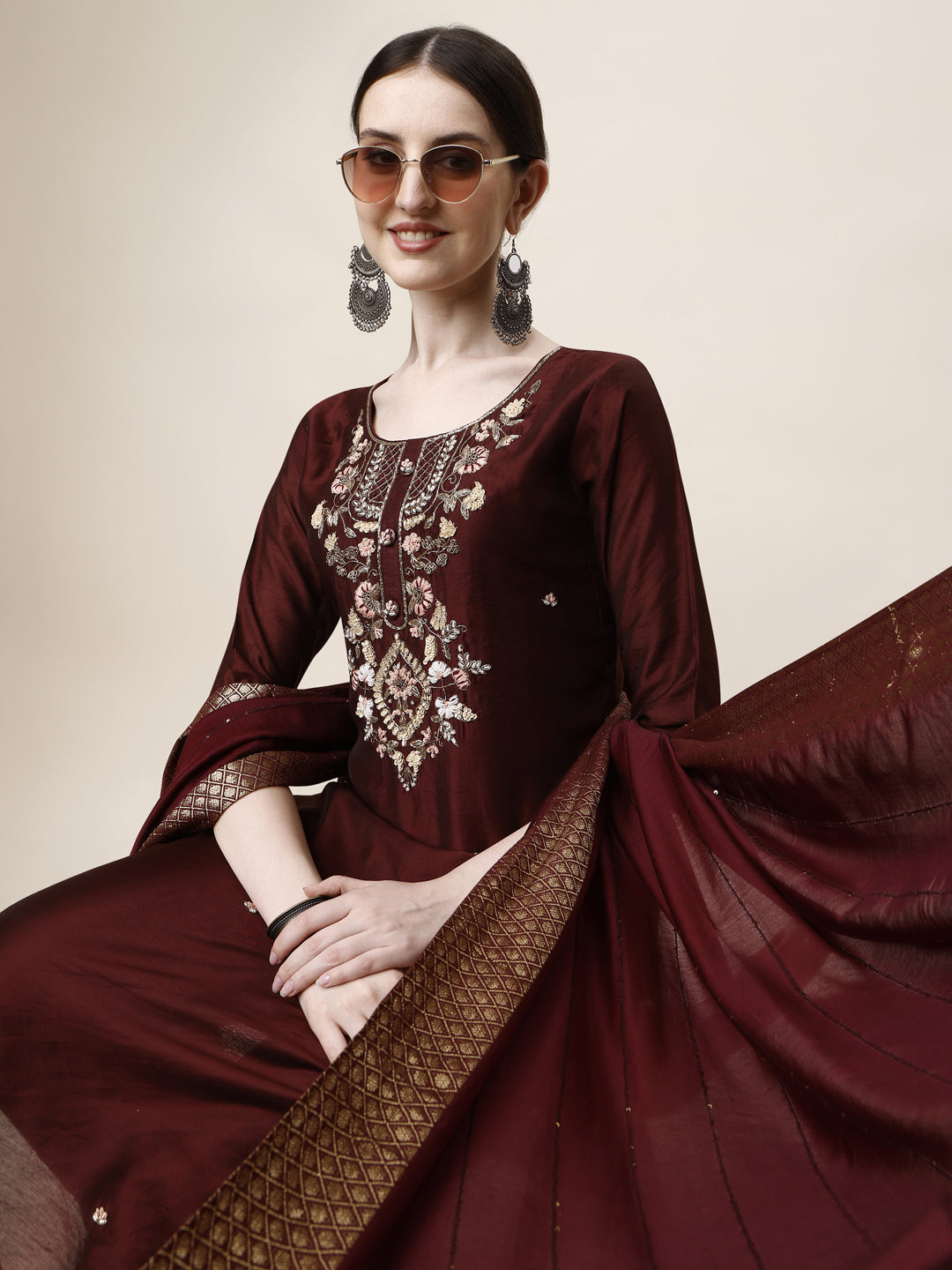Embroidered Kurta With Pant And Dupatta Set, Multicolor - Hiral Fashion - Distacart