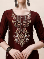 Embroidered Kurta With Pant And Dupatta Set, Multicolor - Hiral Fashion - Distacart