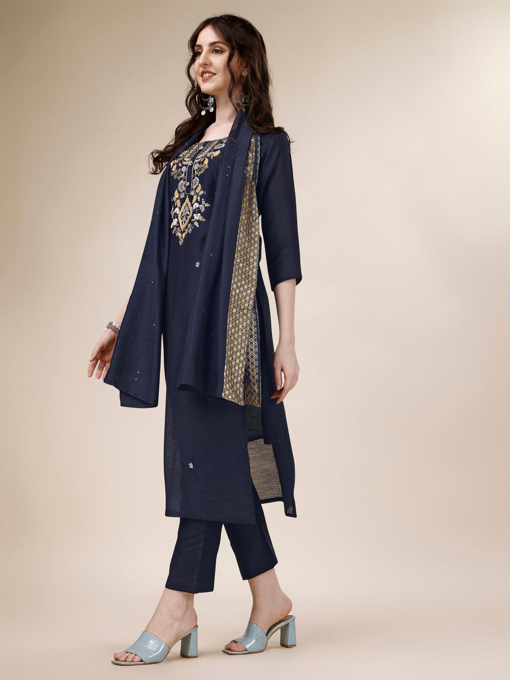 Embroidered Kurta With Pant And Dupatta Set, Multicolor - Hiral Fashion - Distacart