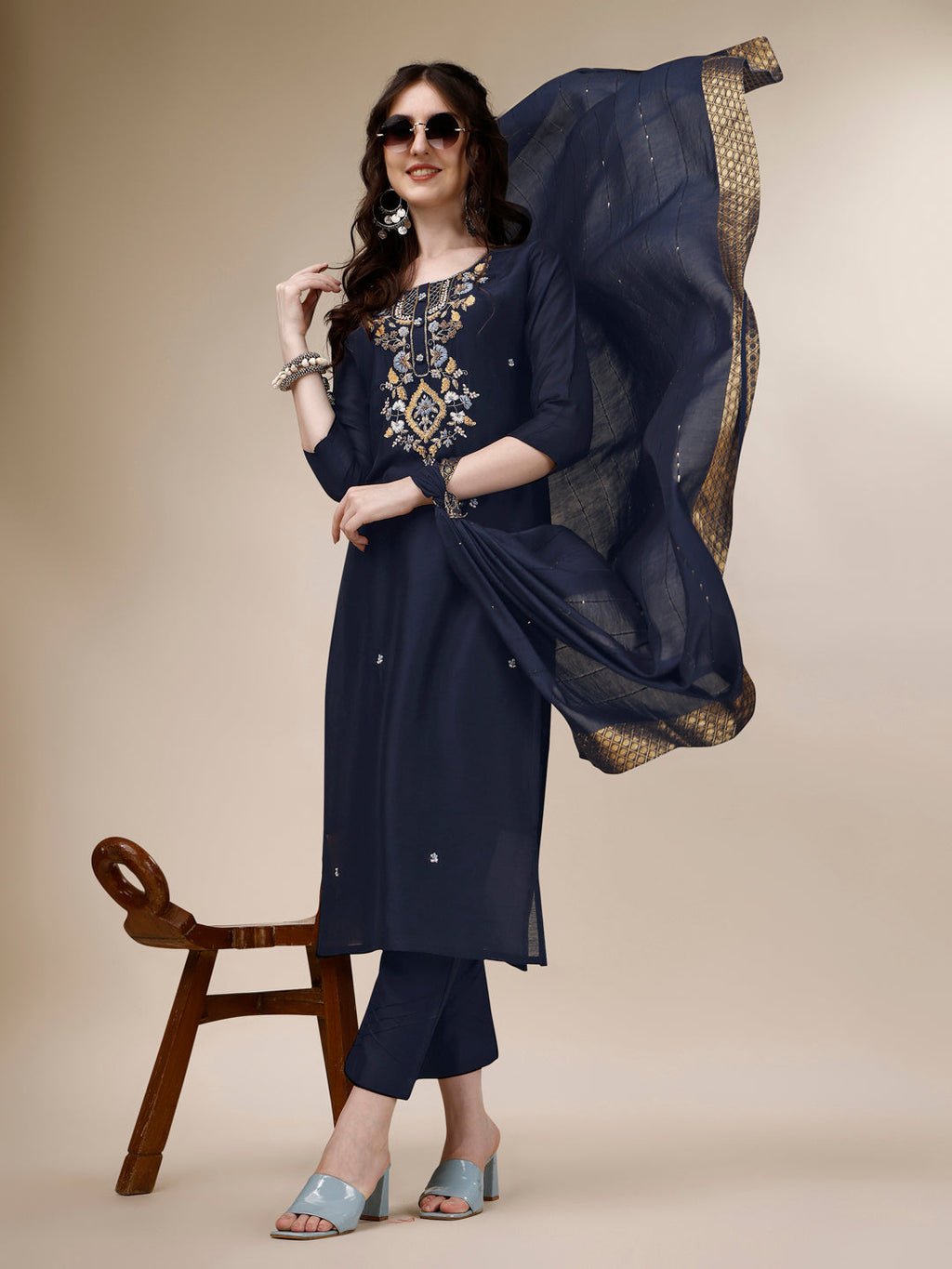 Embroidered Kurta With Pant And Dupatta Set, Multicolor - Hiral Fashion - Distacart