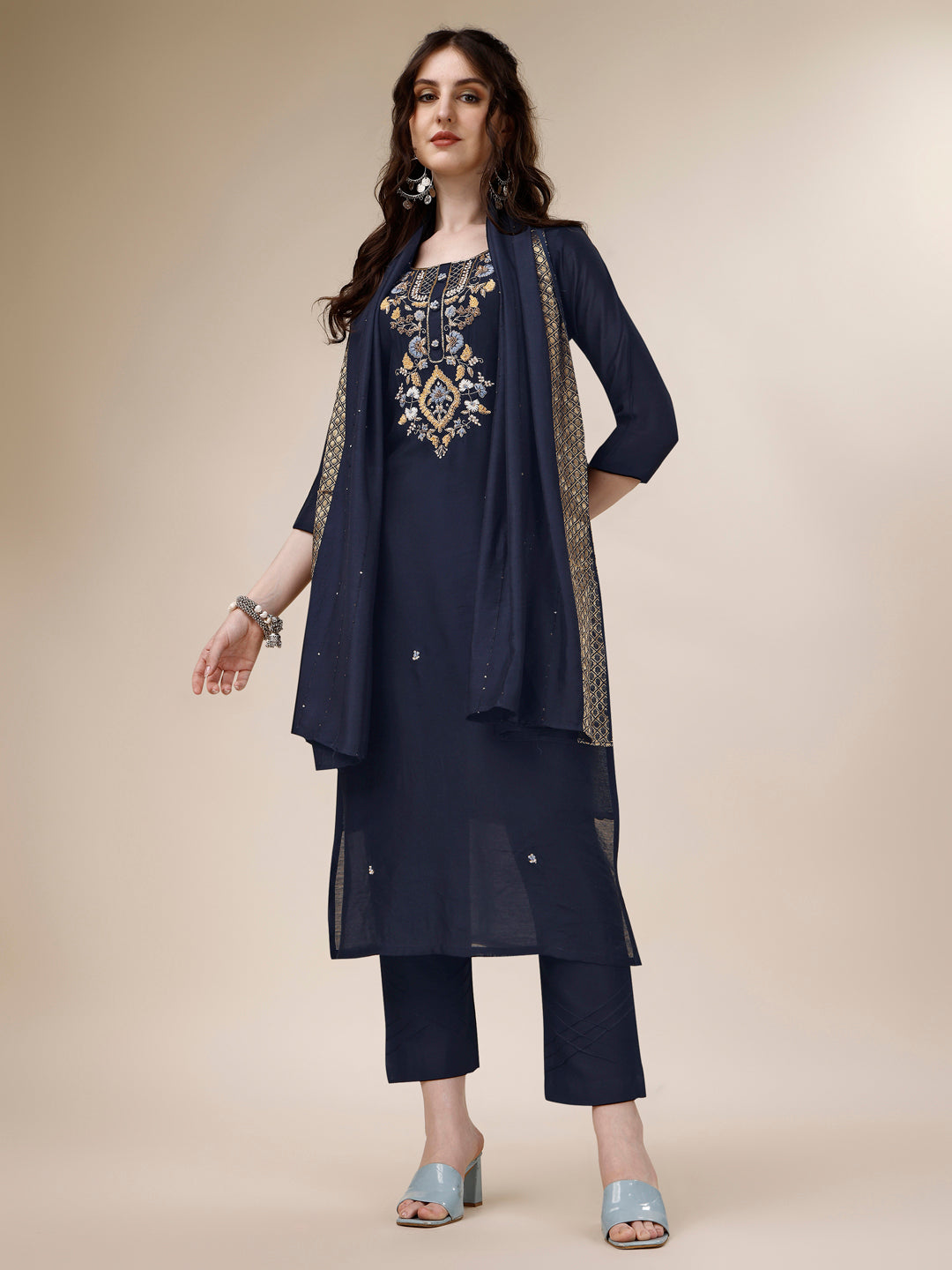 Embroidered Kurta With Pant And Dupatta Set, Multicolor - Hiral Fashion - Distacart