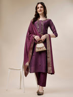 Embroidered Kurta With Pant And Dupatta Set, Multicolor - Hiral Fashion - Distacart