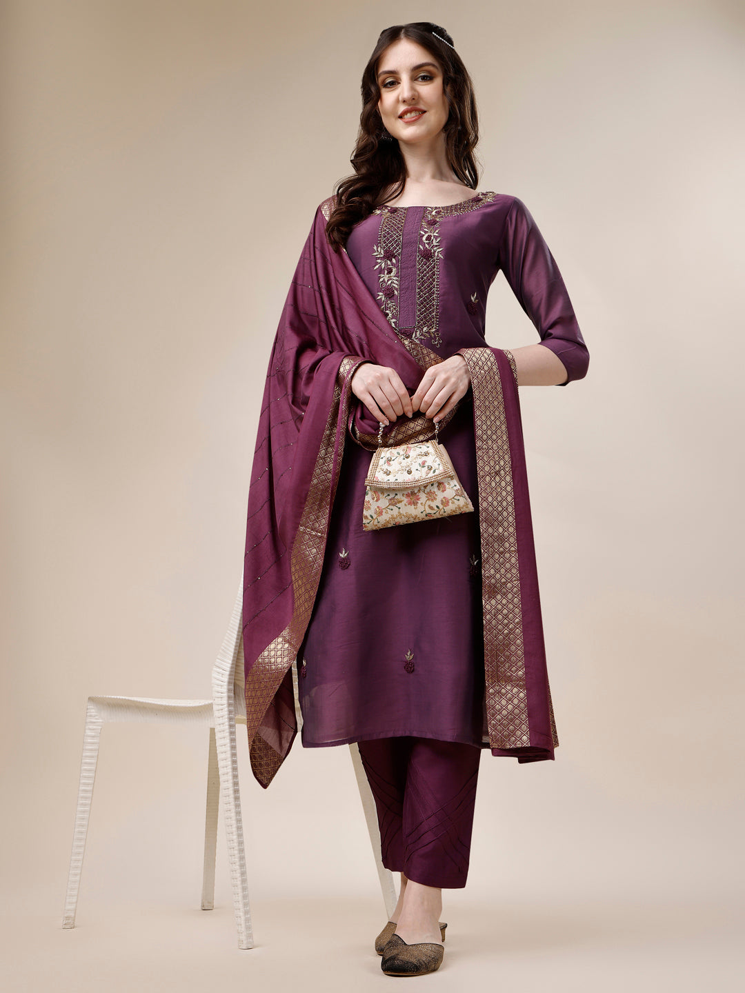 Embroidered Kurta With Pant And Dupatta Set, Multicolor - Hiral Fashion - Distacart