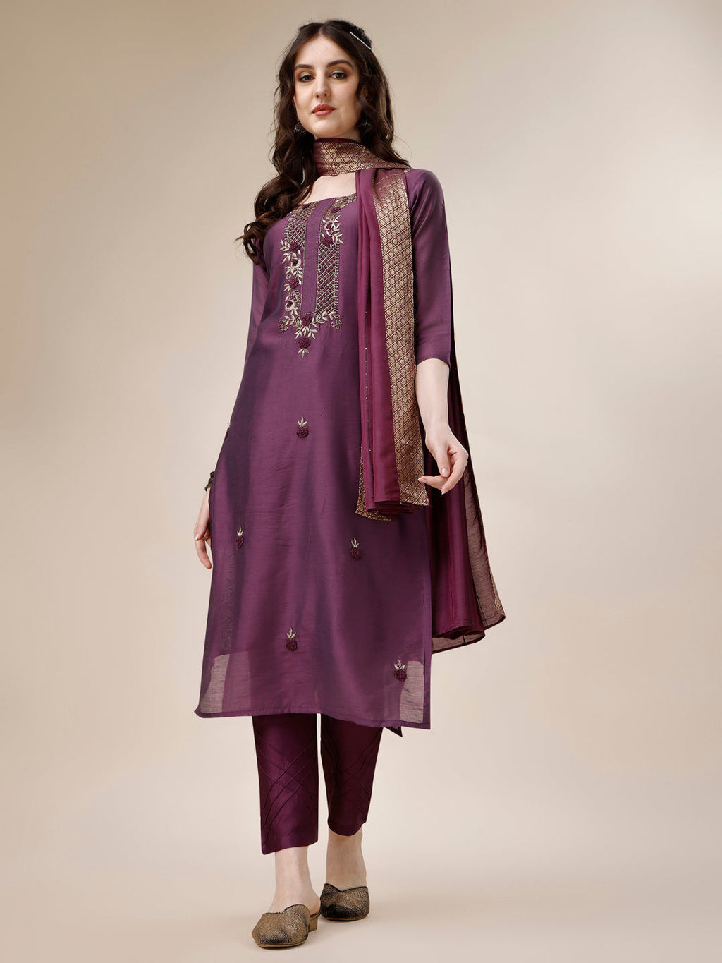Embroidered Kurta With Pant And Dupatta Set, Multicolor - Hiral Fashion - Distacart