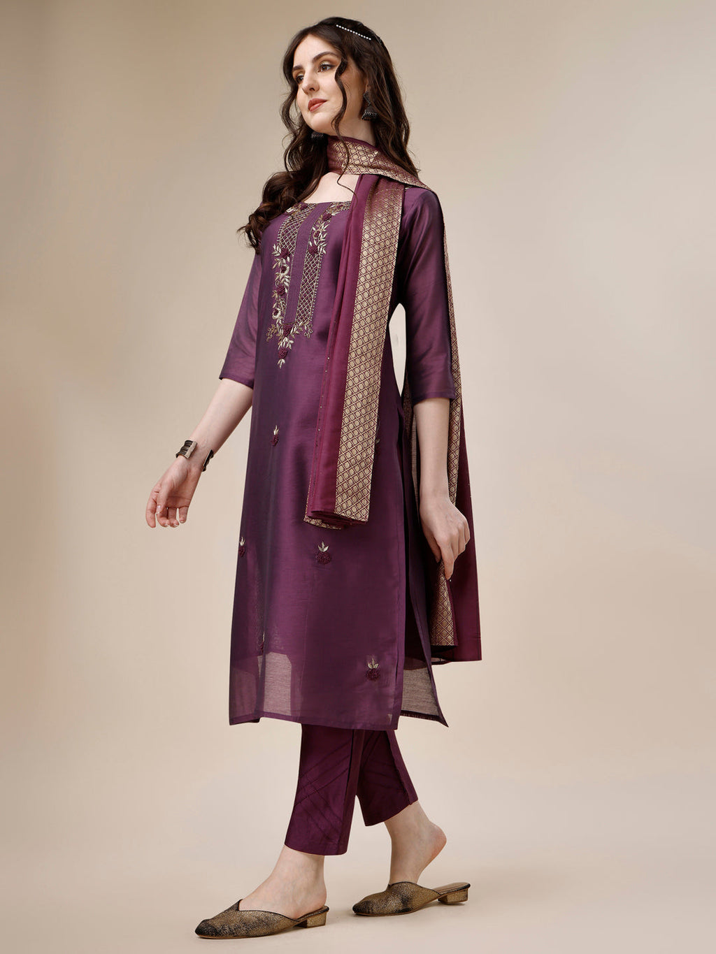 Embroidered Kurta With Pant And Dupatta Set, Multicolor - Hiral Fashion - Distacart