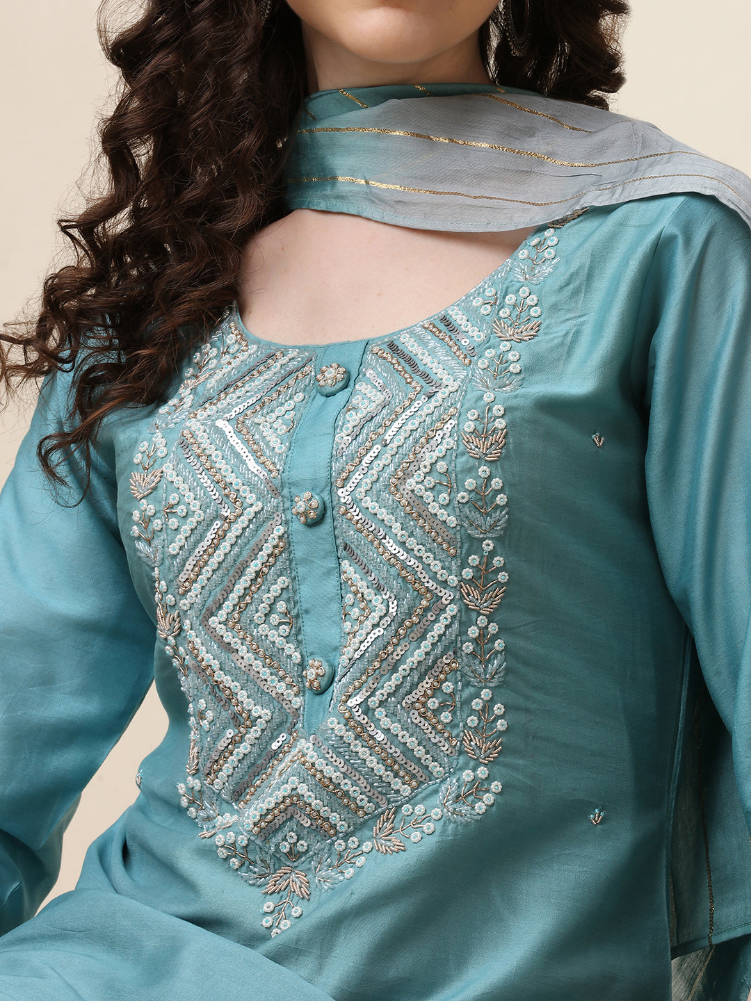 Hand Embroidered Kurta With Pant And Dupatta Set, Multicolor - Hiral Fashion - Distacart