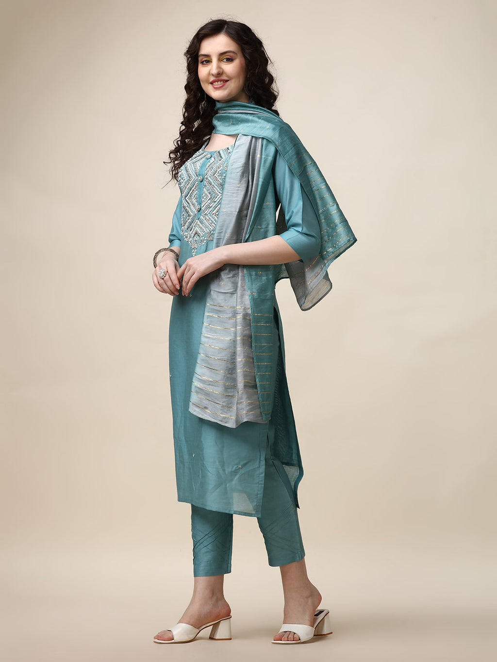 Hand Embroidered Kurta With Pant And Dupatta Set, Multicolor - Hiral Fashion - Distacart