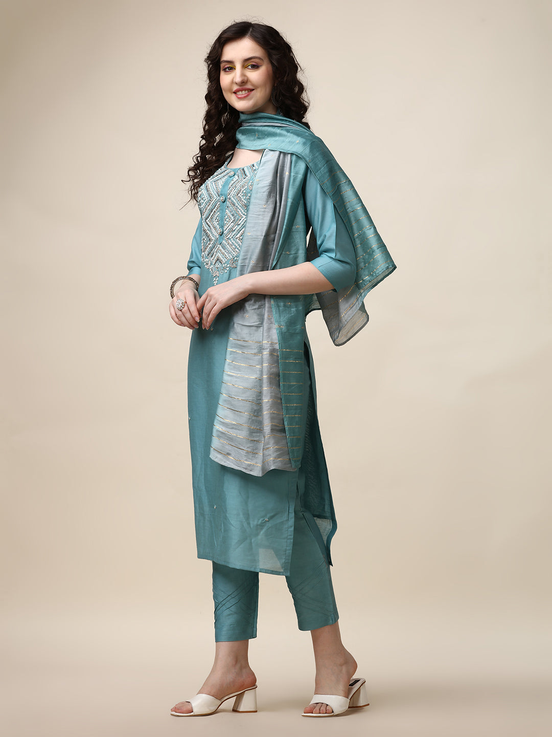 Hand Embroidered Kurta With Pant And Dupatta Set, Multicolor - Hiral Fashion - Distacart