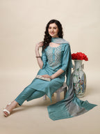 Hand Embroidered Kurta With Pant And Dupatta Set, Multicolor - Hiral Fashion - Distacart