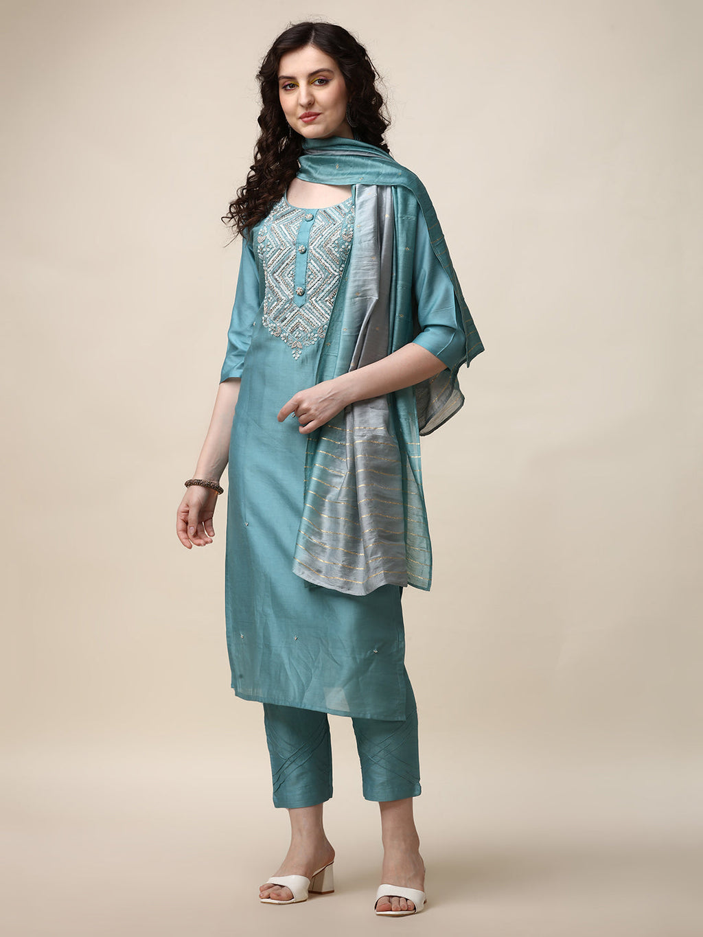 Hand Embroidered Kurta With Pant And Dupatta Set, Multicolor - Hiral Fashion - Distacart