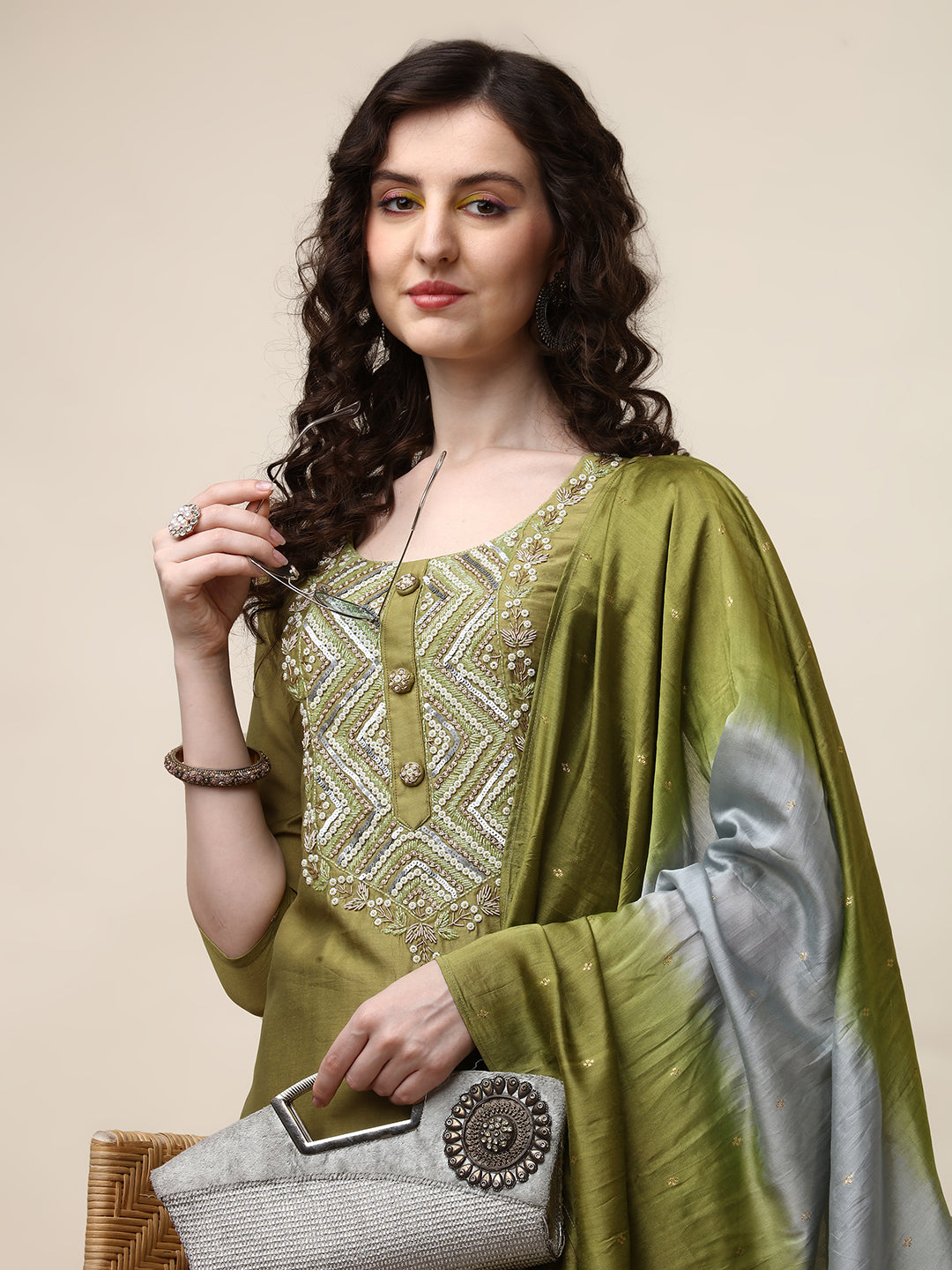 Hand Embroidered Kurta With Pant And Dupatta Set, Multicolor - Hiral Fashion - Distacart