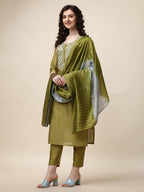 Hand Embroidered Kurta With Pant And Dupatta Set, Multicolor - Hiral Fashion - Distacart