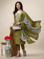 Hand Embroidered Kurta With Pant And Dupatta Set, Multicolor - Hiral Fashion - Distacart