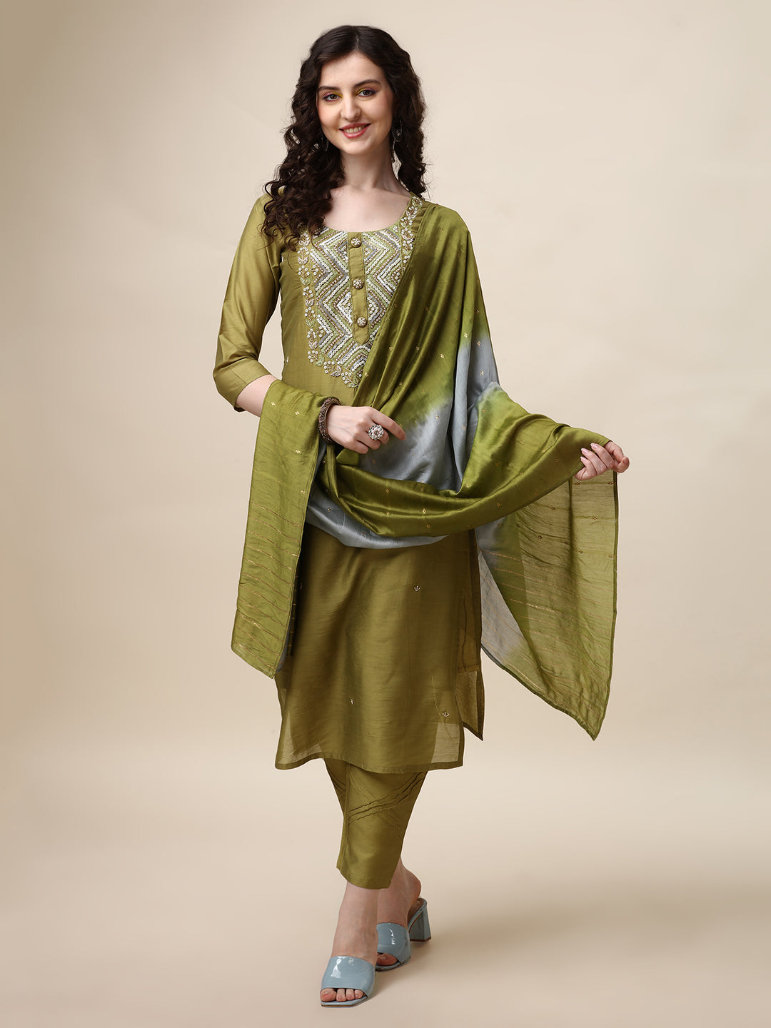 Hand Embroidered Kurta With Pant And Dupatta Set, Multicolor - Hiral Fashion - Distacart