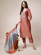 Hand Embroidered Kurta With Pant And Dupatta Set, Multicolor - Hiral Fashion - Distacart