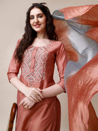 Hand Embroidered Kurta With Pant And Dupatta Set, Multicolor - Hiral Fashion - Distacart